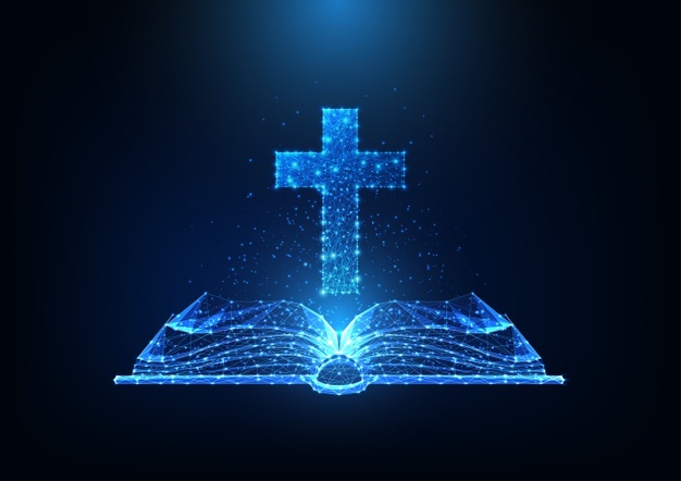 concept-culte-du-christianisme-futuriste-bible-ouverte-polygonale-basse-rougeoyante-croix-chretienne-fond-bleu-fonce-maille-filaire-moderne_67515-1053